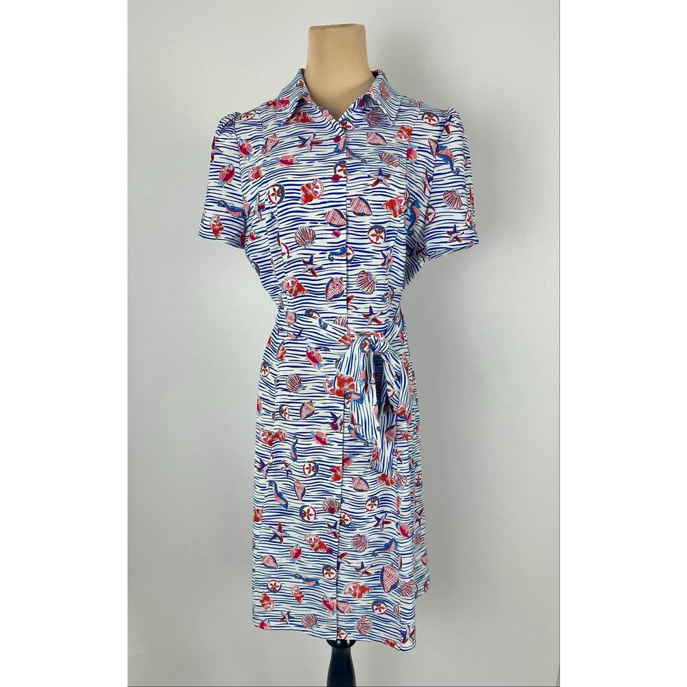 Pappagallo Belted Midi Shirt Dress Blue Stripe Tropical Nautical Seashell Medium